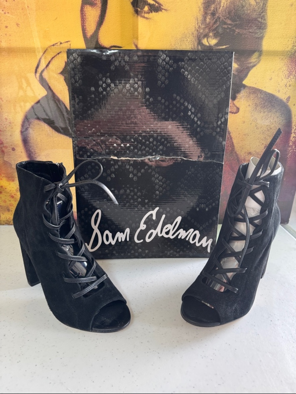Sam Edelman Black Lace-Up Peep Toe Suede Booties